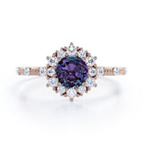 Clustered Halo 1.30 Carat Round Cut Lab Created Alexandrite And Diamond Beaded Antique Engagement Ring In White Gold