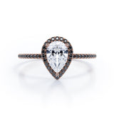 Halo Design 1.45 TCW Pear Cut Moissanite with Lab Created Black Diamond Scalloped Pave Engagement Ring in Rose Gold