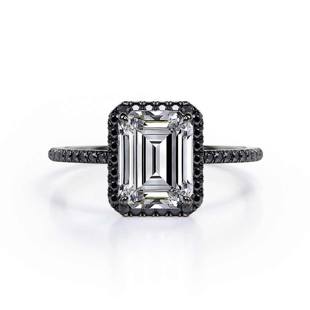 Halo-Style 1.5 TCW Emerald Cut Moissanite with Lab Created Black Diamond Engagement Ring with Pave Accents in Rose Gold