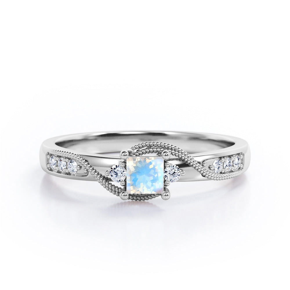 Double Curved Line Milgrain 0.55 carat Princess Moonstone and Moissanite Dainty Engagement Ring in rose Gold