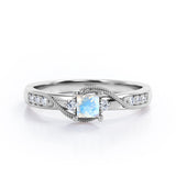 Double Curved Line Milgrain 0.55 carat Princess Moonstone and Moissanite Dainty Engagement Ring in rose Gold