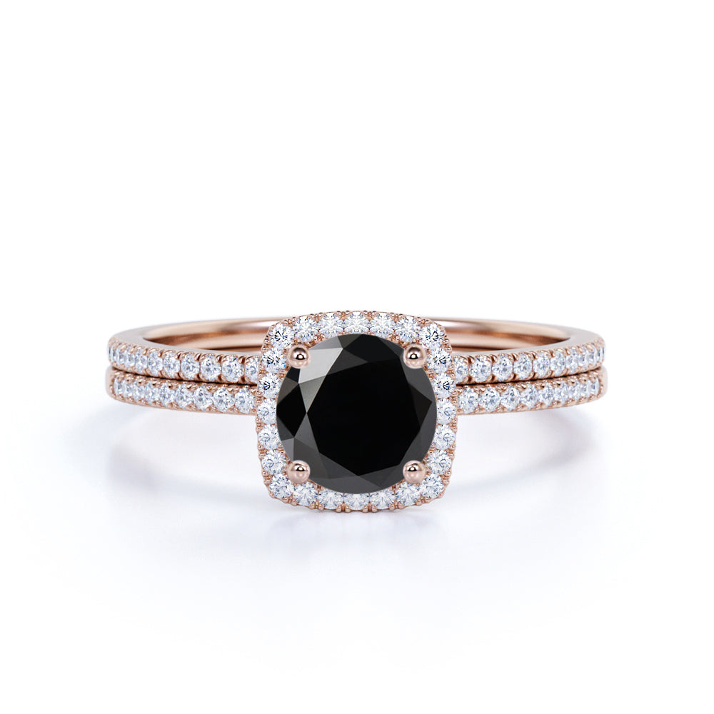 Unique 1.75 Carat Lab Black Diamond Halo Wedding Ring Set for Her in White Gold