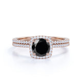 Unique 1.75 Carat Lab Black Diamond Halo Wedding Ring Set for Her in White Gold