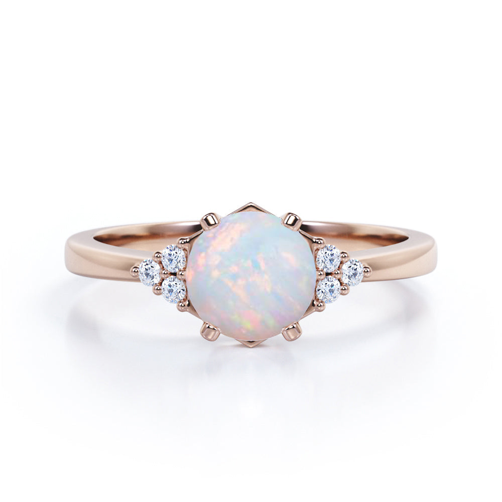 Seven Stone 1.25 Carat Round Cut Natural Opal And Diamond Tapered Engagement Ring In White Gold.