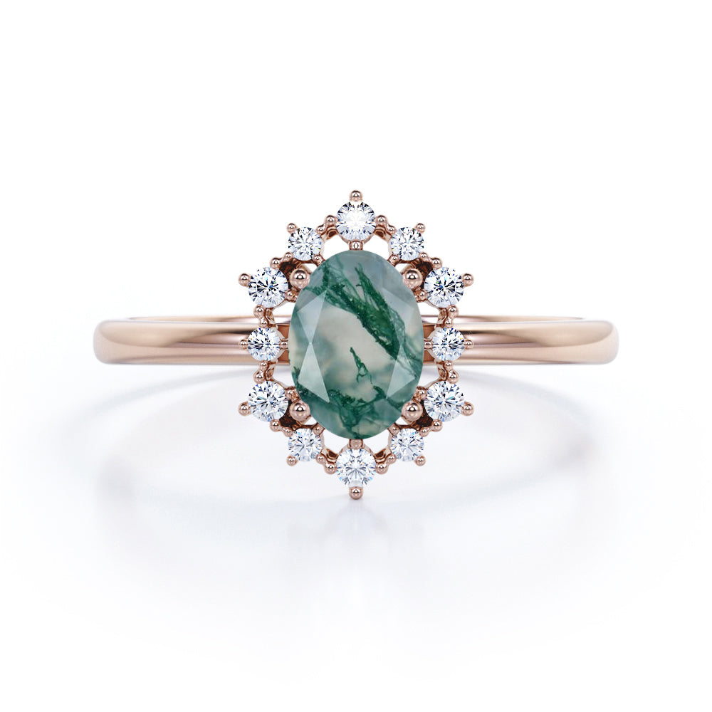 Unique 0.6 carat Oval Moss Agate and Moissanite Floating Halo Engagement Ring in White Gold