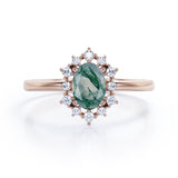 Unique 0.6 carat Oval Moss Agate and Moissanite Floating Halo Engagement Ring in White Gold