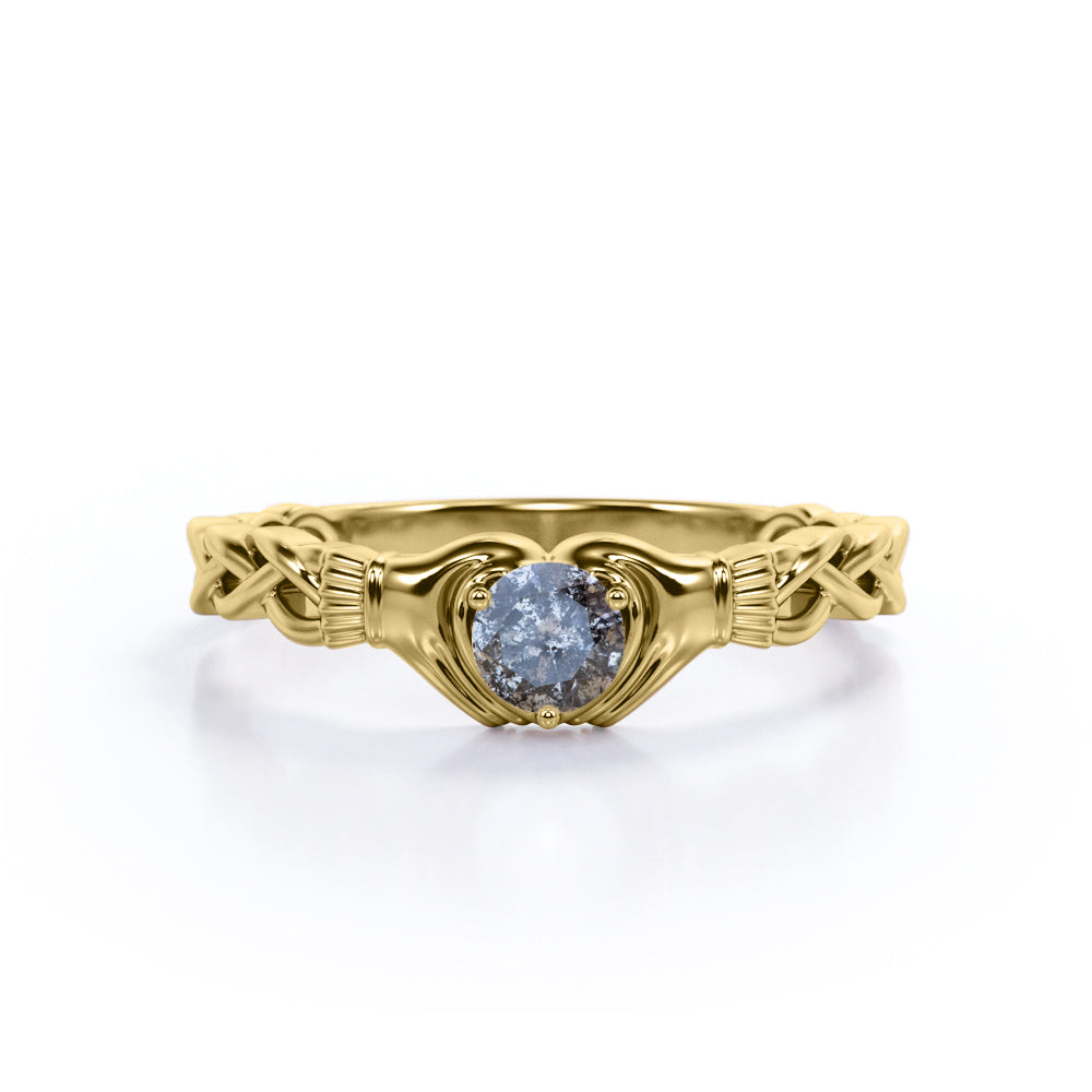 Claddagh Heart 0.50 Carat Round Cut Icy Dark Grey Salt and Pepper Diamond Dainty Twist Engagement Ring