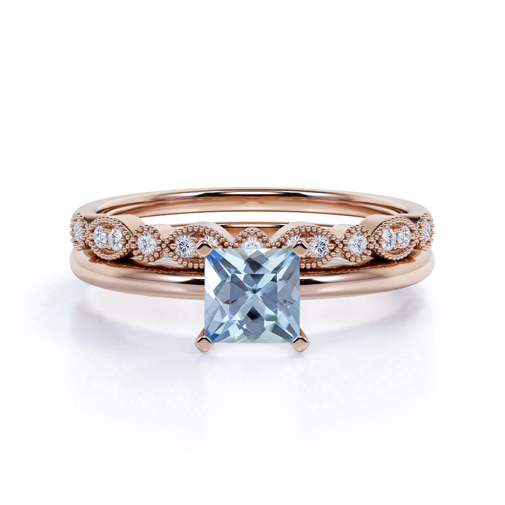 Vintage 1.50 ct Princess Aquamarine Solitaire Bridal Set