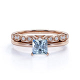 Vintage 1.50 ct Princess Aquamarine Solitaire Bridal Set