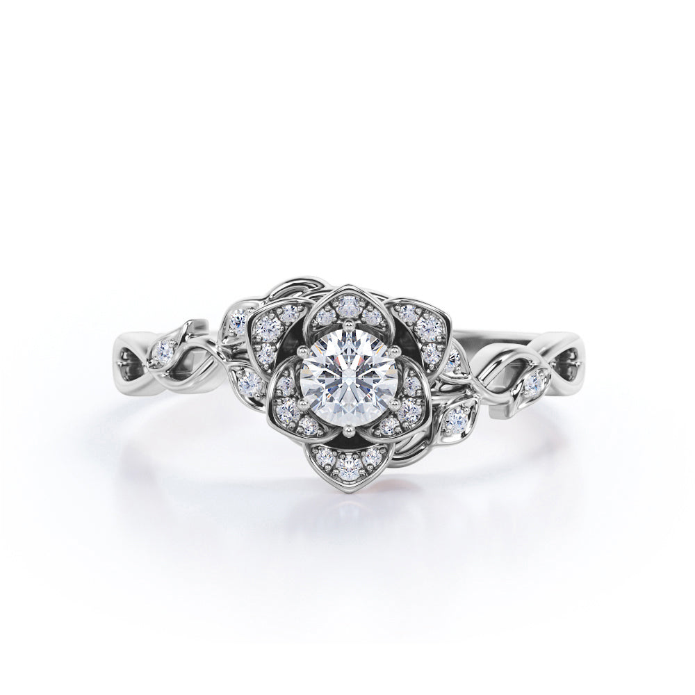 Flower Rose Cluster 0.5 Carat Round Moissanite and Diamond Bezel Set Engagement Ring in Rose Gold