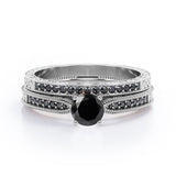 Milgrain-Edged 1.5 TCW Round-Shaped Lab Created Black Diamond Art Deco Victorian Design Wedding Set in White Gold