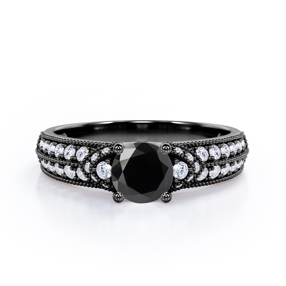 Simple Four Prong 1.50 Carat Round Cut Black Diamond Vintage Milgrain Multi Row Engagement Ring In Rose Gold