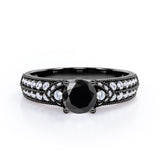 Simple Four Prong 1.50 Carat Round Cut Black Diamond Vintage Milgrain Multi Row Engagement Ring In Rose Gold