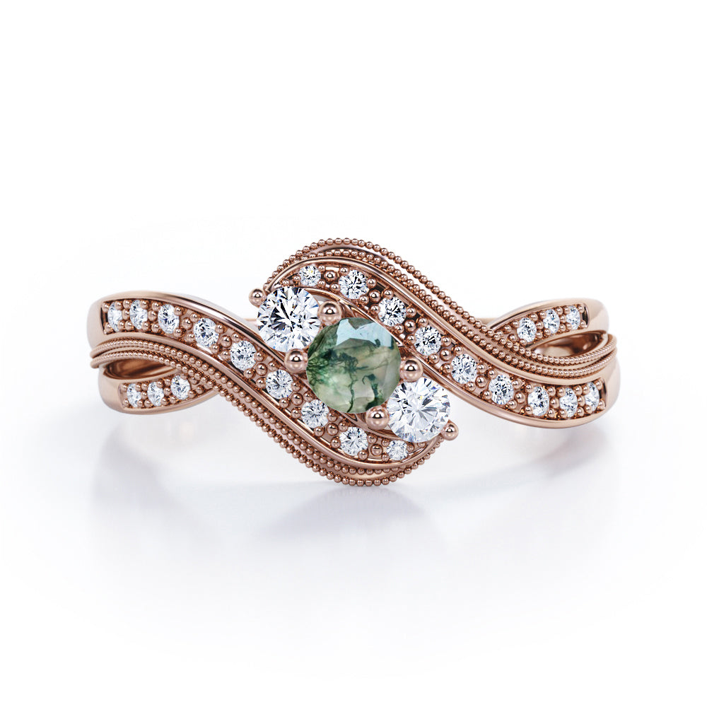 Double Milgrain Curve Infinity 0.7 carat Round Green Moss Agate and Moissanites Engagement Ring in Black Gold