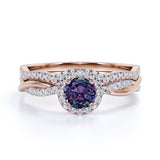 Twist Under Halo 1.75 Carat Round Cut Lab Grown Alexandrite and Diamond Semi Eternity Wedding Set Rings