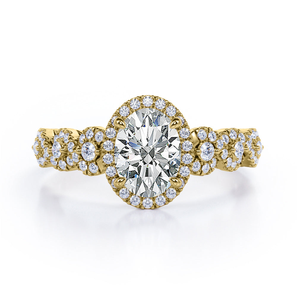 Twisted 1.45 Carat Oval Cut Moissanite And Diamond Halo Engagement Ring In Rose Gold