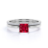 Perfect 1.25 Carat Princess cut Ruby and Diamond Bridal Ring Set in White Gold