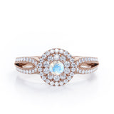 Double Halo Cluster 1.8 Carat Round-Shaped Moonstone and diamond Split-Shanked Milgrain Pave Engagement Ring in Rose Gold
