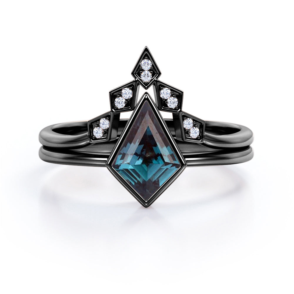 Minimalist 1.15 Carat Kite Shaped Lab Created Alexandrite And Diamond Bezel Set V Style Wedding Ring Set In White Gold