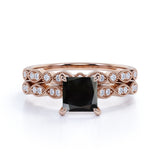 Artdeco 1.25 Carat Princess cut Lab Black Diamond Wedding Bridal Ring Set in Rose Gold
