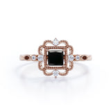 0.65 Carat Princess cut Lab Black Diamond Flower Engagement Ring in Rose Gold