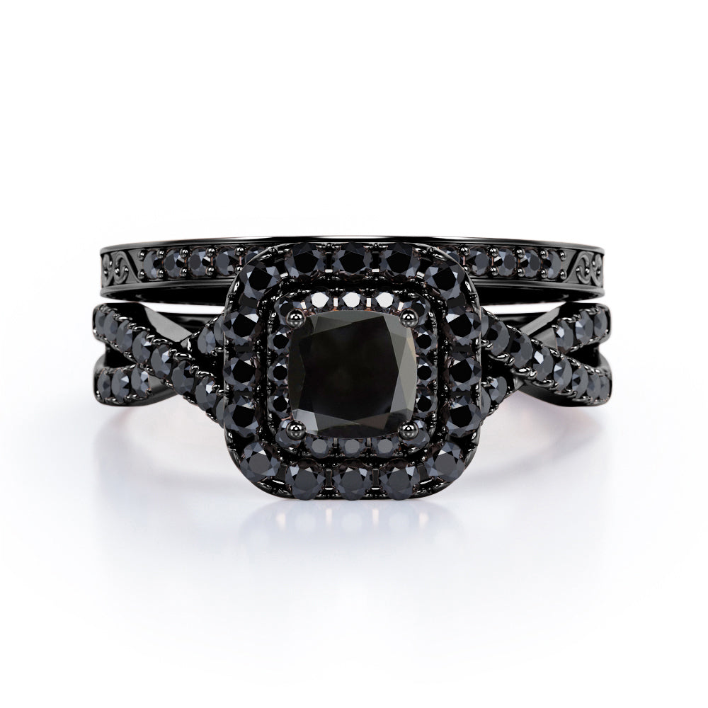Filigree Twisted Pave 1.75 TCW Princess Cut Lab Created Black Diamond Rounded Square Double Halo Bridal Set in White Gold