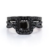 Filigree Twisted Pave 1.75 TCW Princess Cut Lab Created Black Diamond Rounded Square Double Halo Bridal Set in White Gold