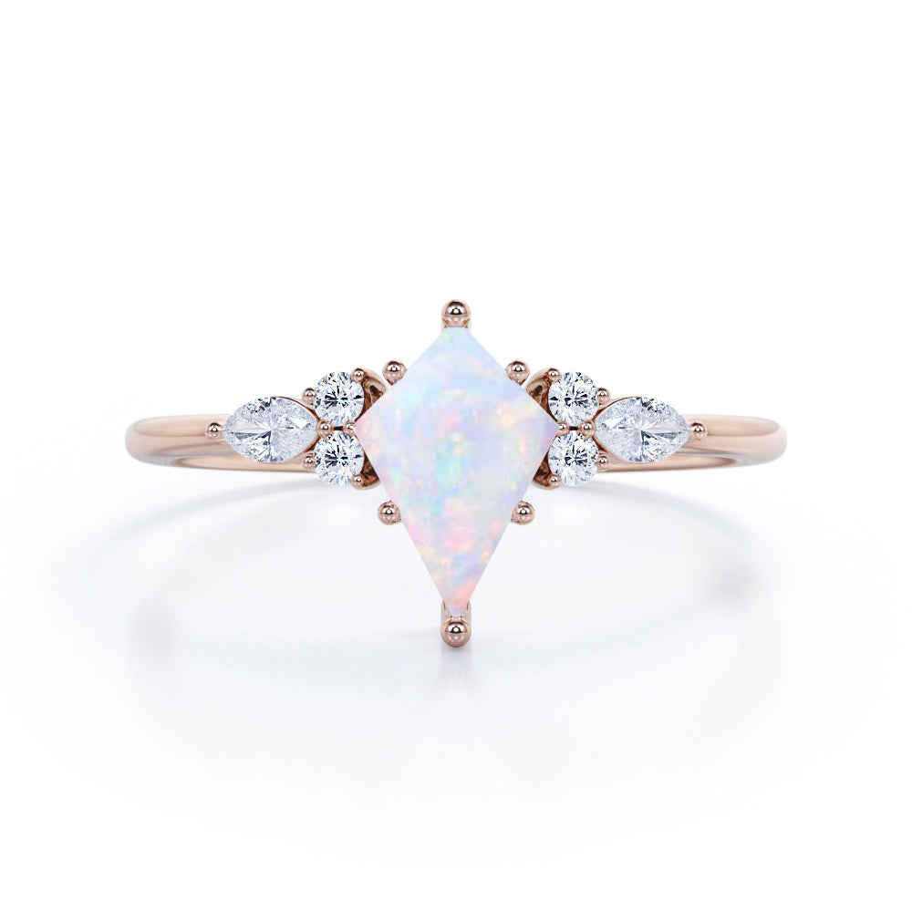 Asymmetric 1.30 Carat kite Shaped White Fire Opal And Diamond Seven Stone Engagement Ring In White Gold