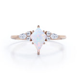 Asymmetric 1.30 Carat kite Shaped White Fire Opal And Diamond Seven Stone Engagement Ring In White Gold