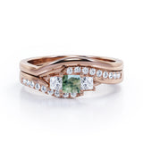 3 Stone Shared Prong - 1 TCW Princess Cut Green Moss Agate and Moissanite - Pave Curved Shank Wedding Set - Rose Gold