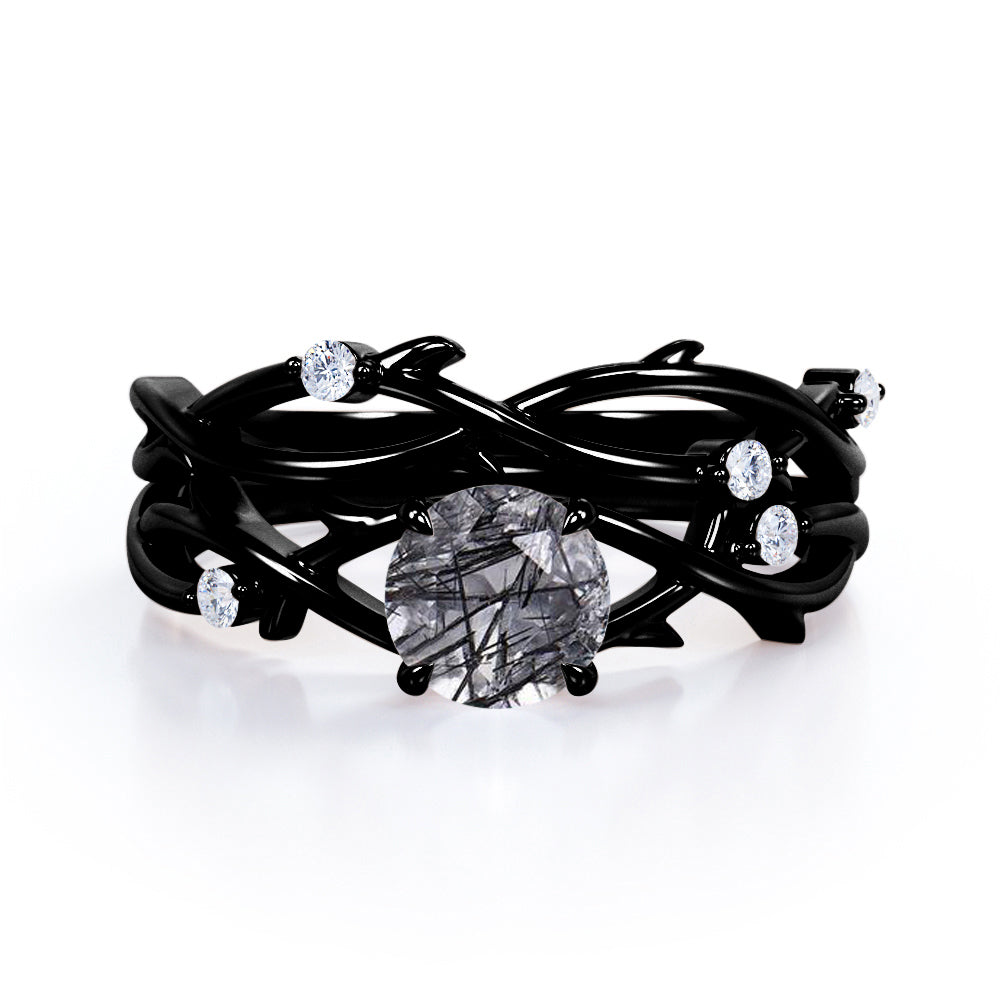 Twisted Leaf 1.15 ct Round Black Rutilated Quartz Infinity Bridal Set