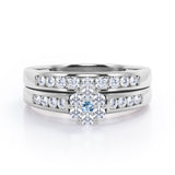 Flower Cluster Design 0.5 TCW Round-Shaped Aquamarine and Moissanite Flush-Channel Bridal Ring Set in White Gold