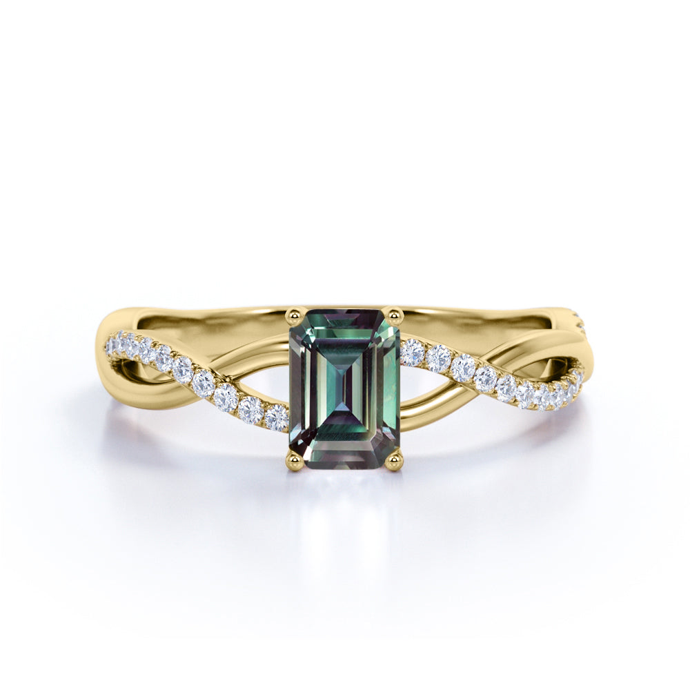 Twisted Infinity Solitaire 0.75 Carat Emerald Cut Lab Created Green Alexandrite and Semi Eternity Diamond Pave Engagement Ring in Rose Gold for Women