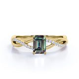 Twisted Infinity Solitaire 0.75 Carat Emerald Cut Lab Created Green Alexandrite and Semi Eternity Diamond Pave Engagement Ring in Rose Gold for Women