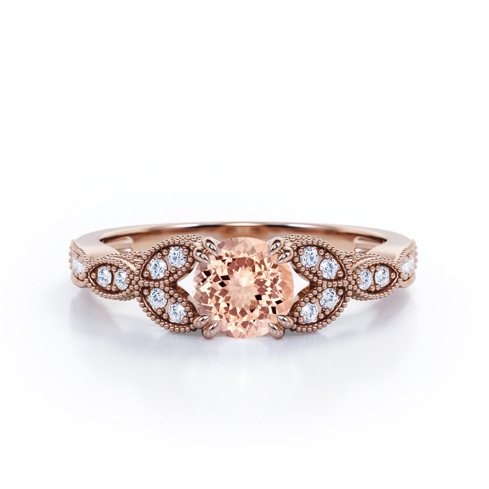 Floral Pattern 1.35 Carat Round Cut Morganite And Diamond Beaded Art Deco Engagement Ring In White Gold