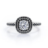 Cushion Double Halo - 1.5 TCW Round Cut Moissanite with Lab Created Black Diamond - Engagement Ring with Pave Accents in White Gold