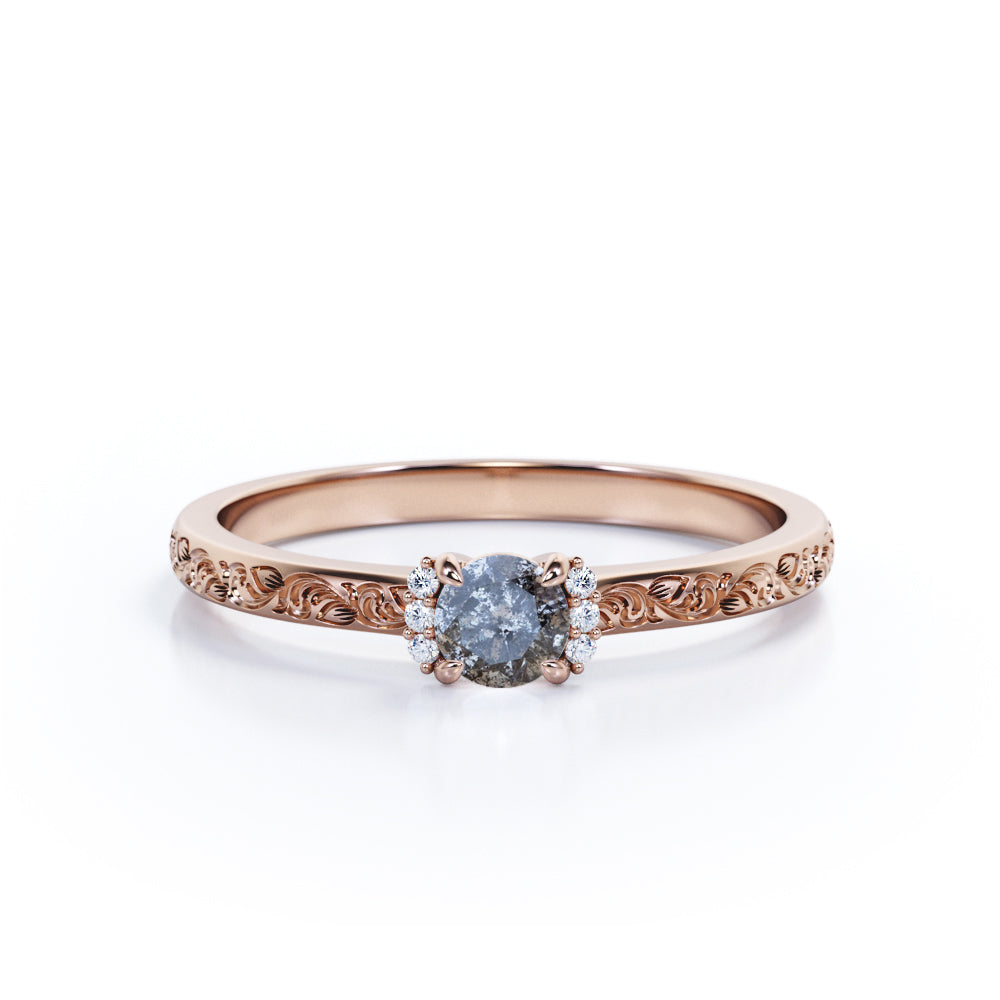 0.75 Ct Round Salt and Pepper Diamond Art Deco Engagement Ring