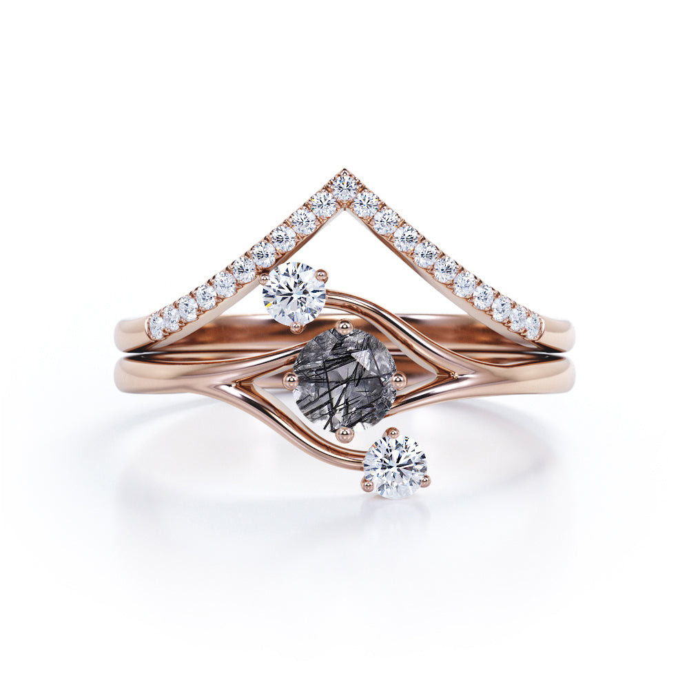 Asymmetrical Bypass 0.85 Carat Round Cut Black Rutilated Quartz and Diamond Contour Pave Bridal Set Rings