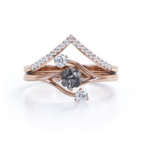 Asymmetrical Bypass 0.85 Carat Round Cut Black Rutilated Quartz and Diamond Contour Pave Bridal Set Rings