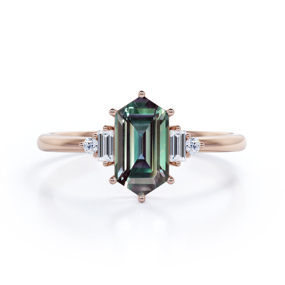 Minimalist Six Prong Basket Set 1.15 Carat Hexagon Shaped Lab Created Alexandrite And Diamond Five Stone Engagement Ring In White Gold