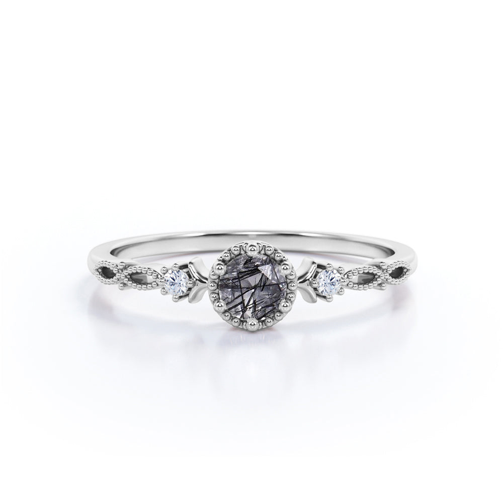 Milgrain Bezel Set 0.60 Carat Round Cut Dendritic Black Rutilated Quartz and Diamond 3 Stone Dainty Engagement Ring