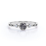 Milgrain Bezel Set 0.60 Carat Round Cut Dendritic Black Rutilated Quartz and Diamond 3 Stone Dainty Engagement Ring