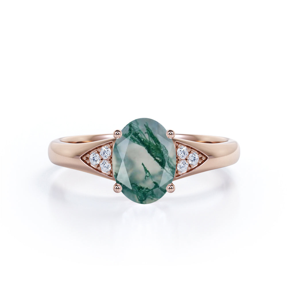 0.55 carat Oval Moss Agate and Moissanite Engagement Ring For Her