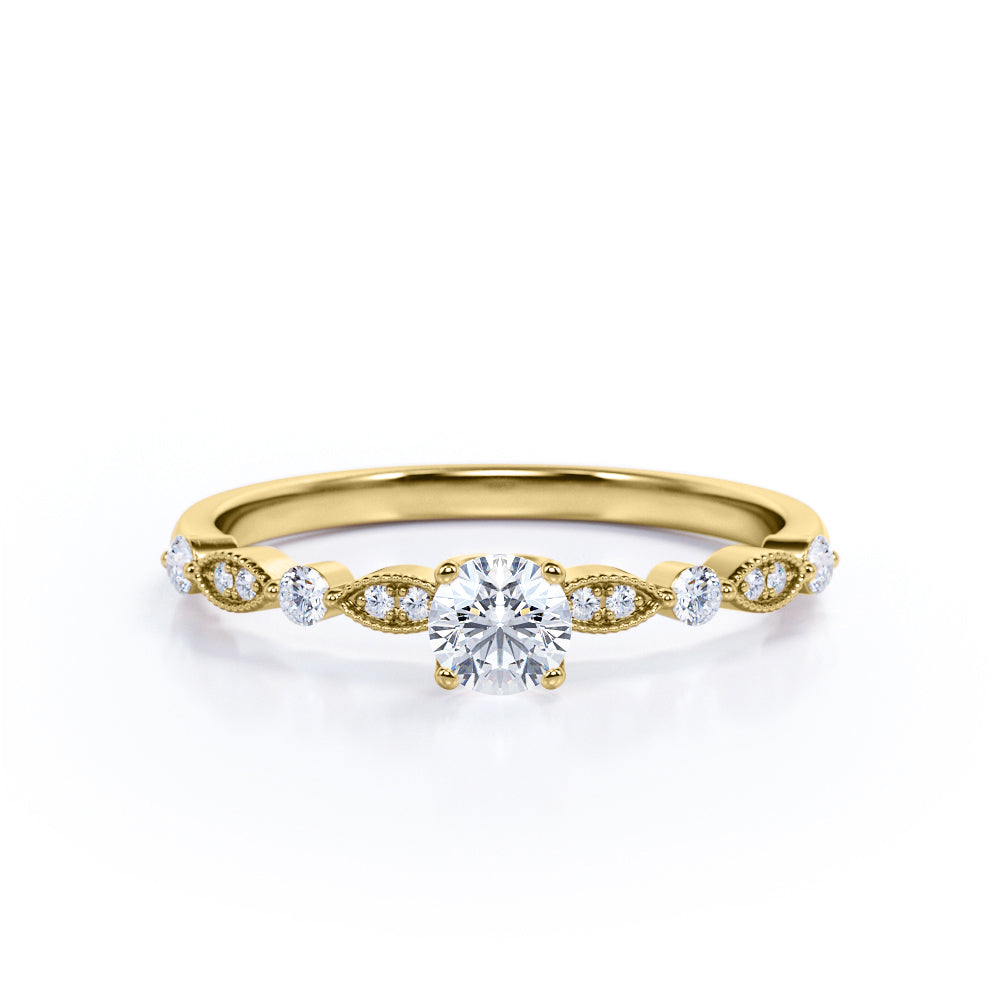 Decorative 0.75 carat Round Cut Moissanite and Diamond Prong Engagement Ring for Women in White Gold