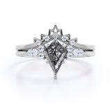 Vintage 1.40 ct Kite Black Rutilated Quartz Filigree Crown Bridal Set