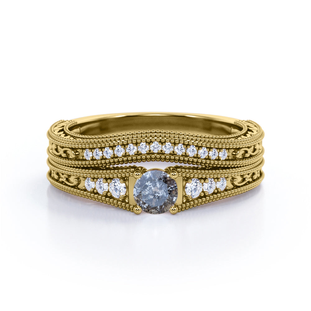 Tapered 0.55 Carat Round Cut Natural Icy Salt And Pepper Diamond Modern Art Deco Wedding Ring Set In White Gold.