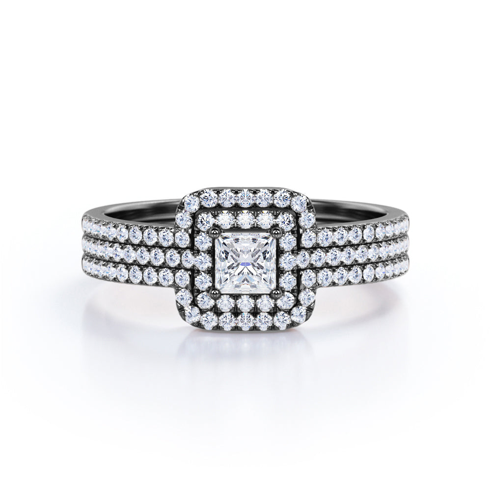 1.05 TCW Princess Cut Diamond Pave Halo and Shank Trio Bridal Set in 10K White Gold