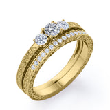 1.25 Carat Round Cut Near Colorless Moissanite And Diamond Three Stone Wedding Ring Set In White Gold