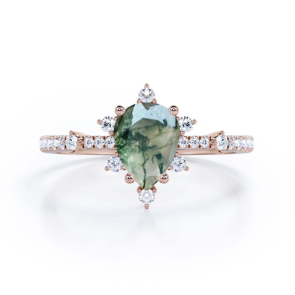 Pave 0.7 Carat Pear Moss Agate Engagement Ring