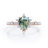 Pave 0.7 Carat Pear Moss Agate Engagement Ring